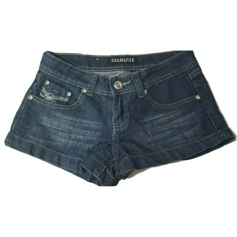 Diamante Denim Shorts Juniors Size 3 Rhinestone Hot Pants Booty Shorts 28 Waist